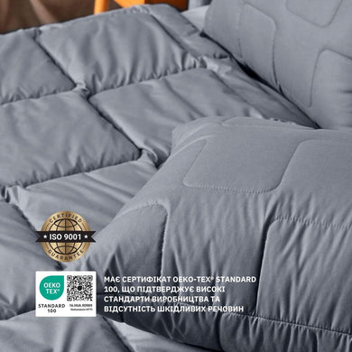 Набір полуторний ManMaker IDEIA ковдра 140х210 і подушка 50х70 сірий антиалергенний, штучний пух + маска для сну в коробці
