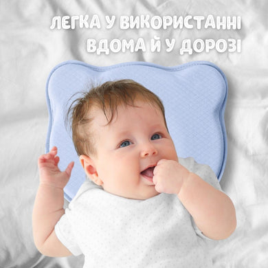 Подушка ортопедична дитяча BabyComfort PAPAELLA 27×22×3 см з ефектом пам'яті, у формі ведмедика блакитна