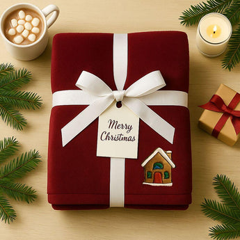 Плед покривало велсофт 170х210 см супер м'який з вишивкою різдвяний бордо будиночок