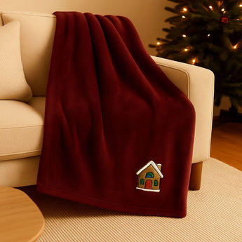 Плед покривало велсофт 170х210 см супер м'який з вишивкою різдвяний бордо будиночок