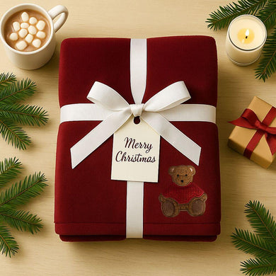 Плед покривало велсофт 170х210 см супер м'який з вишивкою різдвяний бордо ведмедик