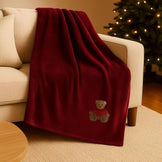 Плед покривало велсофт 170х210 см супер м'який з вишивкою різдвяний бордо ведмедик