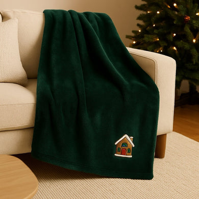 Плед покривало велсофт 170х210 см супер м’який з вишивкою різдвяною смарагдовий будиночок
