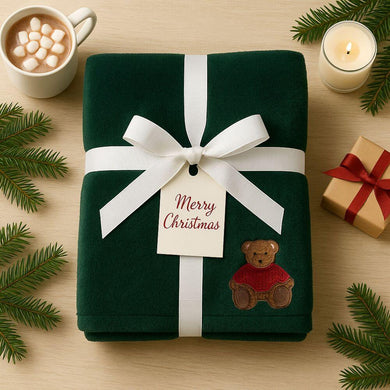 Плед покривало велсофт 170х210 см супер м'який з вишивкою різдвяною смарагд Ведмедик