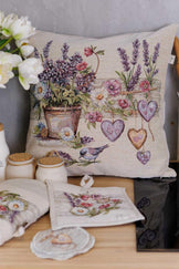 Декоративна гобеленова подушка Лавандовий садочок пташка в квітах ПРОВАНС, 45х45см 044314
