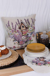 Декоративна гобеленова подушка Лавандовий садочок пташка біля шпаківні ПРОВАНС, 45х45см 044312