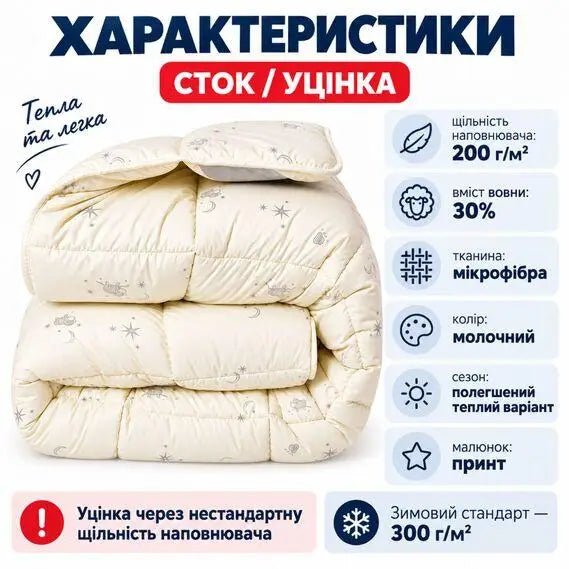 Ковдра вовняна 200х220 см євро, 30% вовни, мікрофібра, 200 г/м2 уцінка через нестандартну щільність овечка