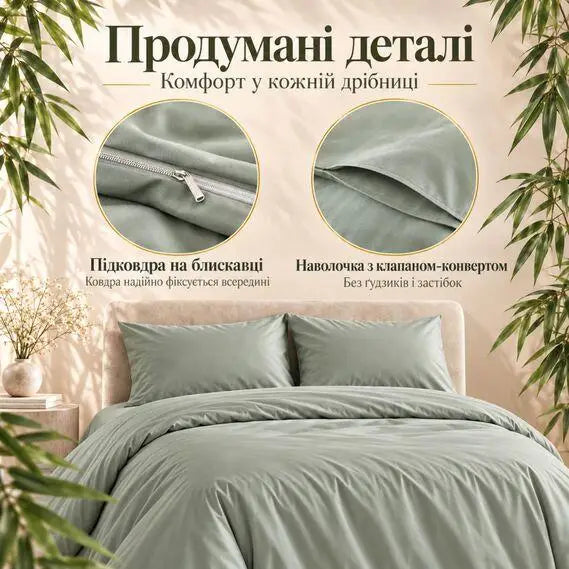 Комплект постільної білизни Євро IDEIA Bamboo сатин зі 100% бамбука, 300 ТС, підковдра 200х220, простирадло 220х240, наволочки