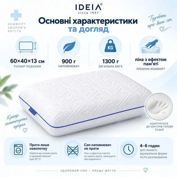 Подушка ортопедична IDEIA SleepWell 60х40х13 см з ефектом пам'яті + 2 трикотажні наволочки, фото 3