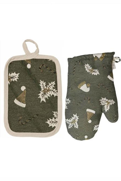 Набір новорічний рукавичка та прихватка для кухні Шапочки на зеленому ПРОВАНС, 32х20см 038519