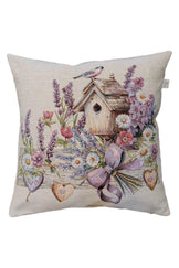Декоративна гобеленова наволочка Лавандовий садочок пташка на шпаківні ПРОВАНС, 45х45см 044300