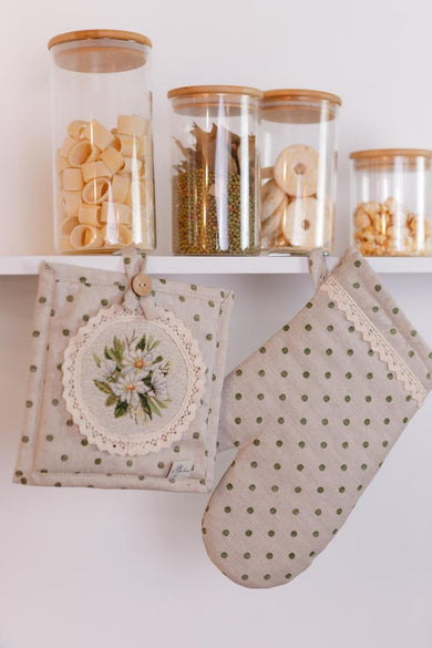 Набір рукавичка та прихватка Вінтаж зелені горошки ПРОВАНС, 32х18см 039338