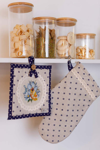 Набір рукавичка та прихватка Вінтаж сині горошки ПРОВАНС, 32х18см 039337