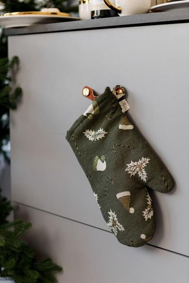 Набір новорічний рукавичка та прихватка для кухні Шапочки на зеленому ПРОВАНС, 32х20см 038519