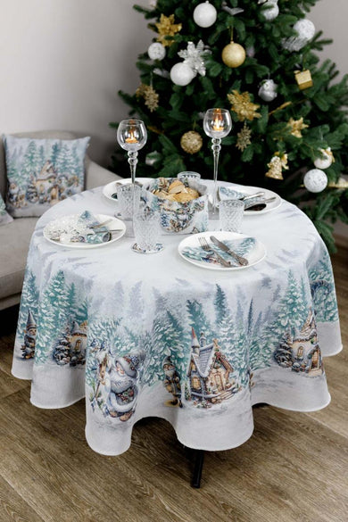 Новорічна кругла гобеленова скатертина Казкові гноми ПРОВАНС, D180см 038459