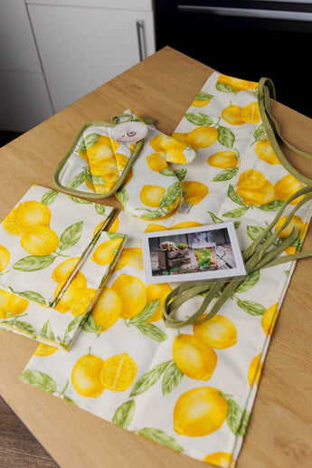 Подарунковий набір «Лимончики» — рукавиці, прихватка, фартух + 2 серветки