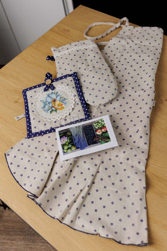 Подарунковий набір «Вінтаж Blue» — рукавиці, прихватка та фартух у синій горох